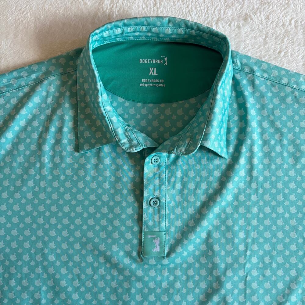 Bogey Bros Men’s XL Golf Polo Aqua Middle Finger Print Funny Novelty Stretch